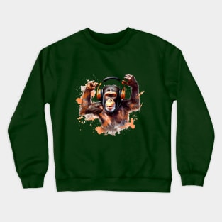 Chimpanzee listening to music Crewneck Sweatshirt